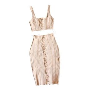 Peach Tan Bodycon Lace Up Tank Midi Skirt Set